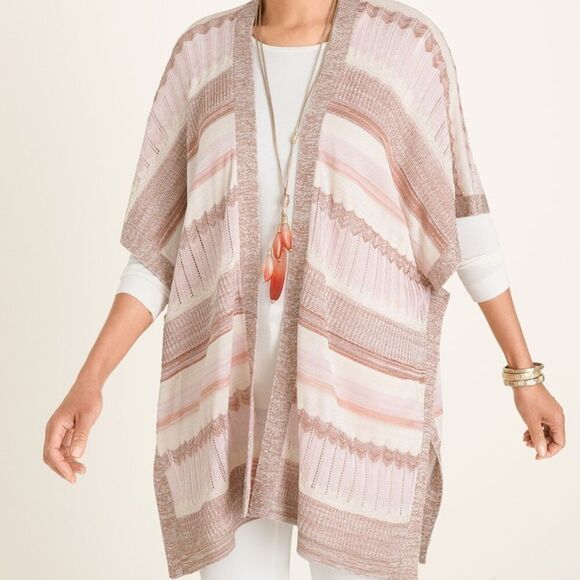 Chico’s Size Large/XL Pink Shimmer Shine Stripe Ruana Wrap Cardigan - Picture 2 of 11